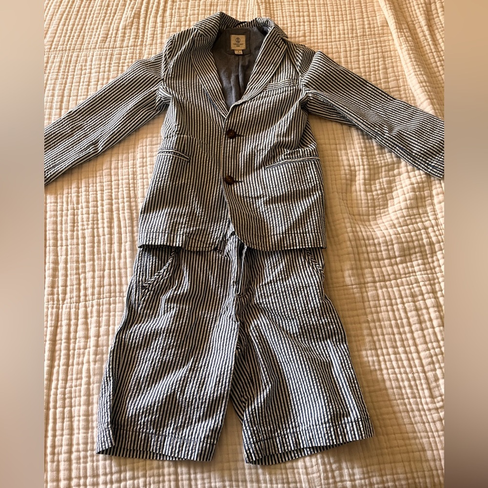 Lands End boys blue & white seersucker summer suit jacket shorts size 8-10 VGUC